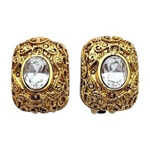 Kenneth Jay Lane Gold Plated Rococo Filigree Clip Earrings with Austrian Crystal